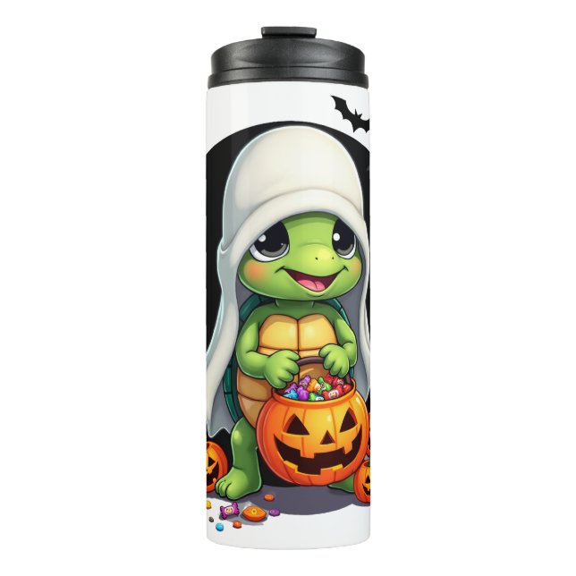 Cute Halloween Turtle Ghost with Candy (7) Thermosbecher (Vorderseite)