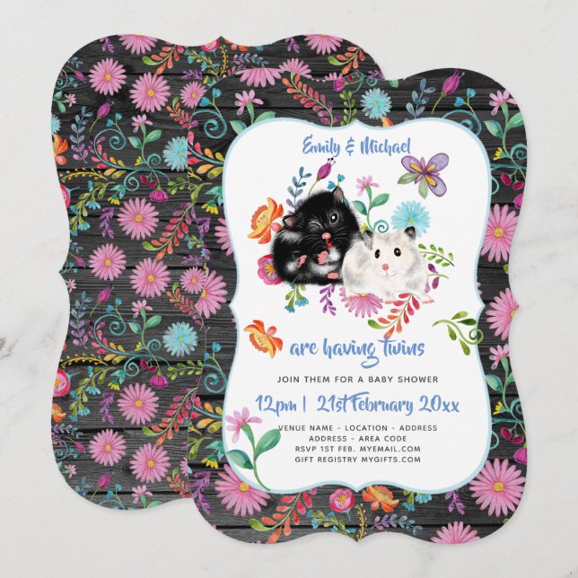 Cute Hamster TWINS Baby showers Invitations Folk F (Devant / Derrière)