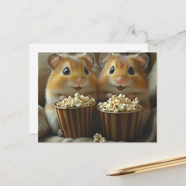Cute Hamsters With Popcorn For movie Night Postkarte (Vorderseite/Rückseite Beispiel)