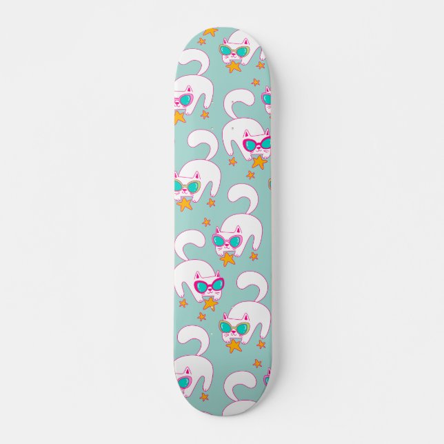 Cute Hand Drawn Cats with Sunglasses and Stars Skateboard (Vorne)