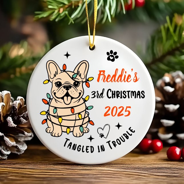 Cute Hand Drawn French Bulldog's First Christmas Keramik Ornament (Hand drawn custom French Bulldog Ceramic Ornament)