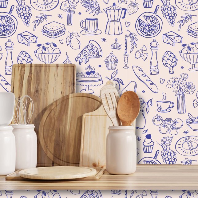 Cute Hand Drawn Italian Food and Flowers Kitchen Tapete (In situ)