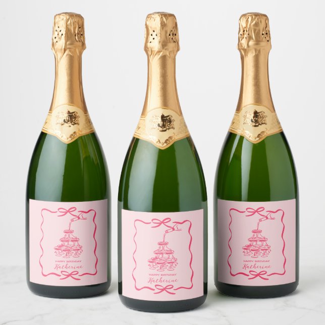 Cute Hand Drawn Pink Champagne Tower Birthday  (Flaschen)