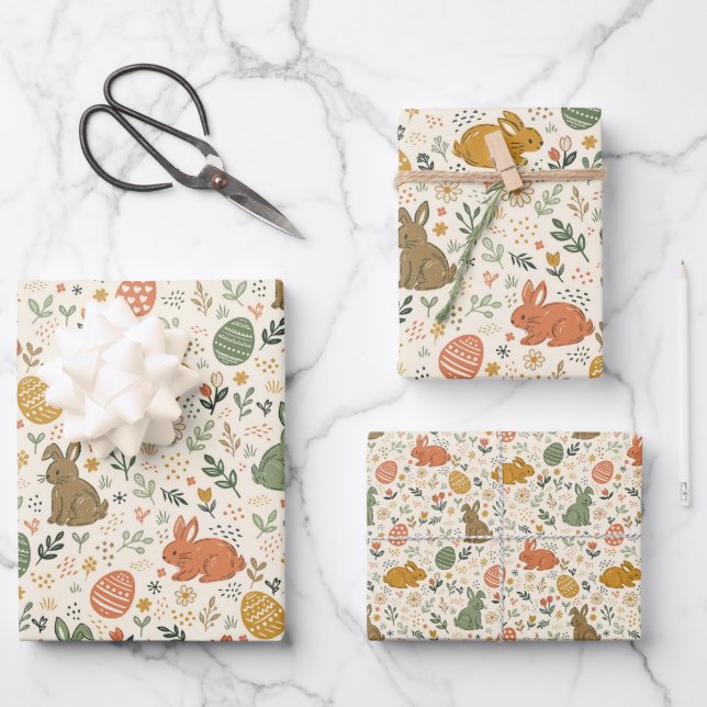 Cute Hand Drawn Spring Bunnies Wrapping Paper Set Geschenkpapier Set (Vorderseite)