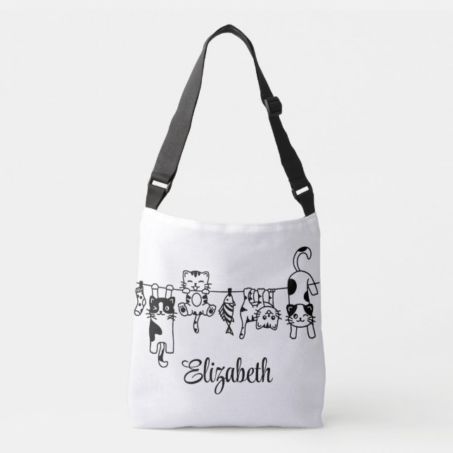 Cute Hanging Kittens Custom Name Tragetaschen Mit Langen Trägern (Vorderseite)