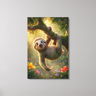 Cute Hanging Sloth 3D Cartoon Jungle Canvas Print Leinwanddruck