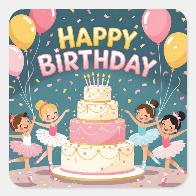 Cute Happy Birthday ballerina theme Quadratischer Aufkleber (Vorderseite)