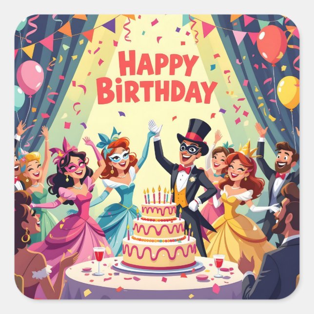 Cute Happy Birthday masquerade theme Quadratischer Aufkleber (Vorderseite)