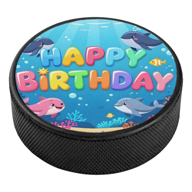 Cute Happy Birthday nautical dolphin Eishockey Puck (3/4)