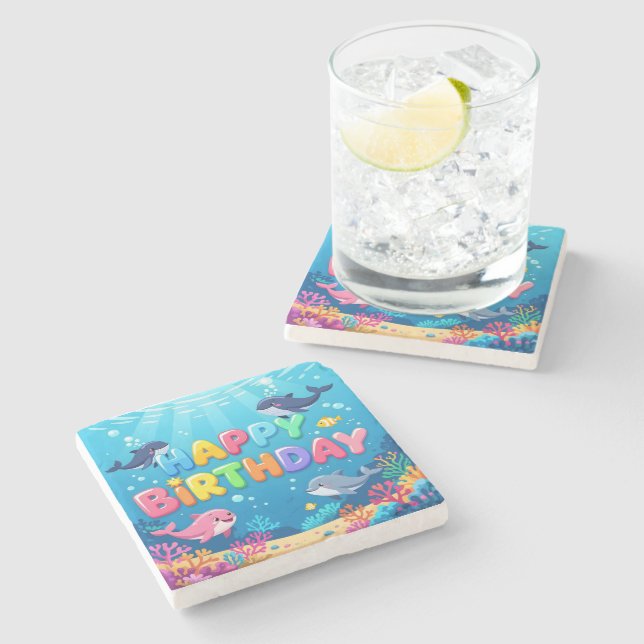Cute Happy Birthday nautical dolphin Steinuntersetzer (Seitenansicht)