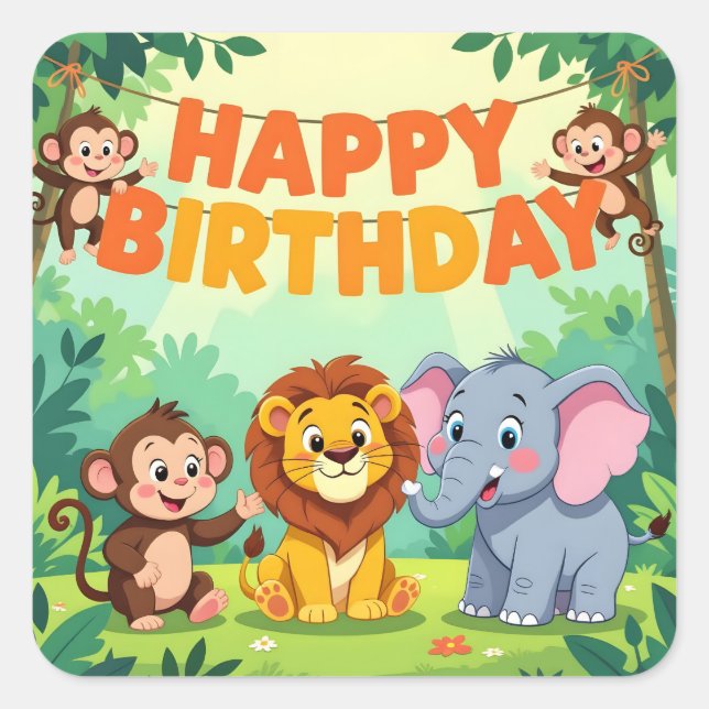 Cute Happy Birthday safari theme Quadratischer Aufkleber (Vorderseite)