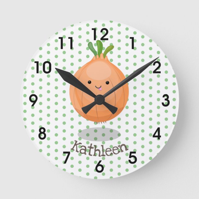 Cute happy brown onion green cartoon illustration runde wanduhr (Vorderseite)