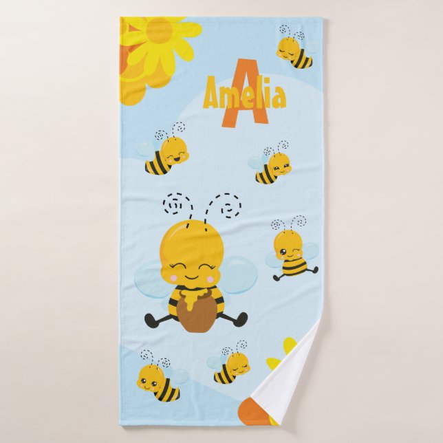 Cute Happy Bumble Bee with Flowers (Serviette de bain)