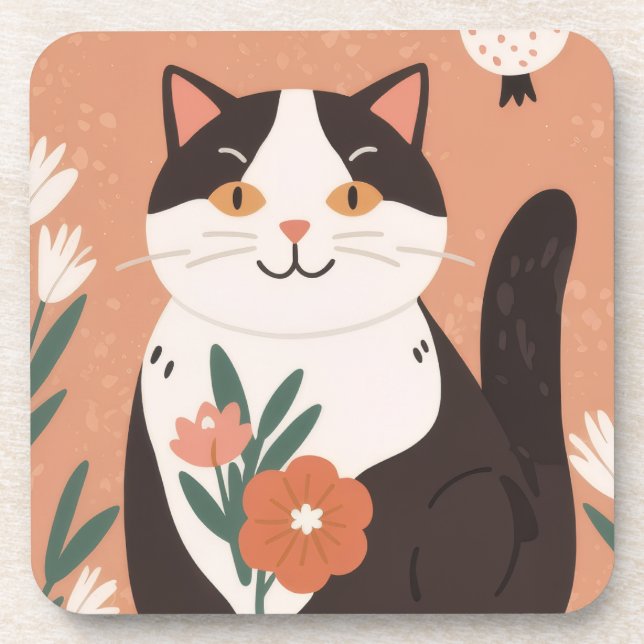 Cute Happy Cat with Spring Flowers  Getränkeuntersetzer (Vorderseite)