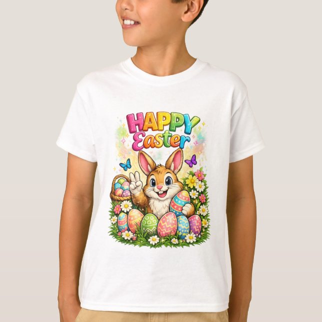 Cute Happy Easter Bunny Peace Sign Graphic T-Shirt (Vorderseite)