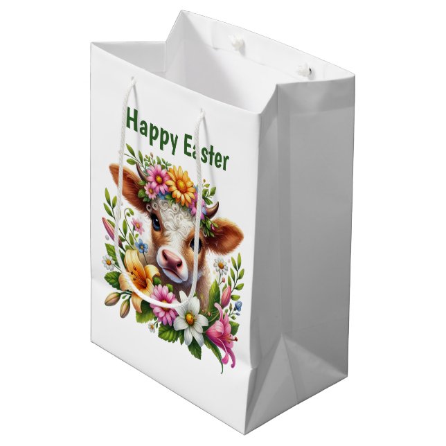 Cute Happy Easter cow customizable Mittlere Geschenktüte (Vorderseite Schrägansicht)