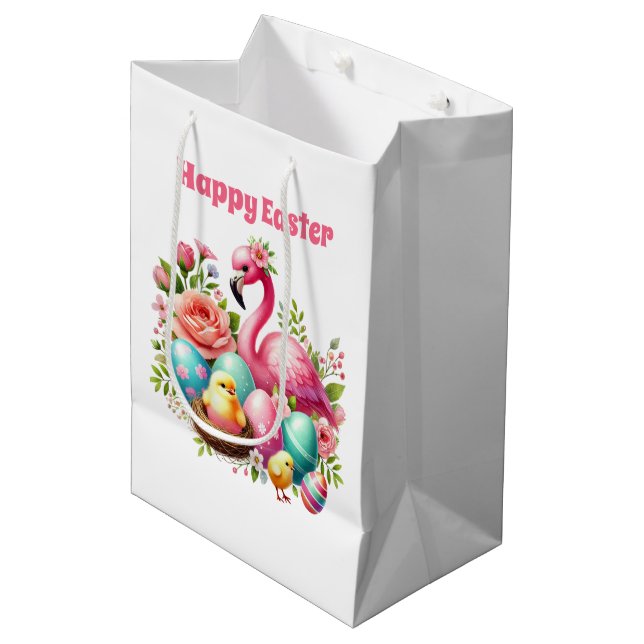 Cute Happy Easter pink flamingo  Mittlere Geschenktüte (Vorderseite Schrägansicht)