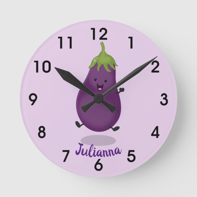 Cute happy eggplant aubergine cartoon illustration runde wanduhr (Vorderseite)