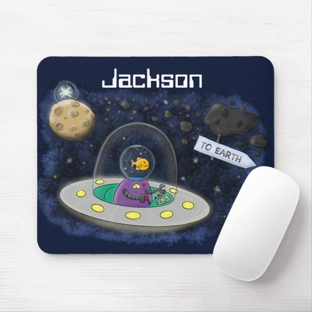 Cute happy fish ufo space cartoon illustration mousepad (Mit Mouse)