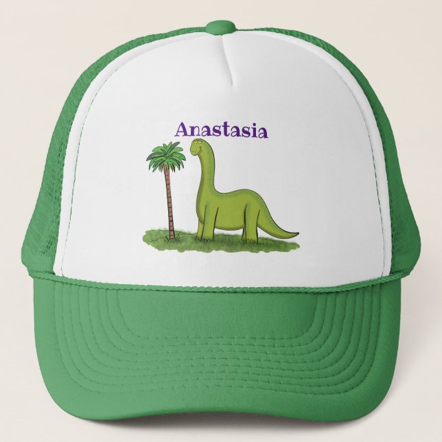 Cute happy green brontosaurus dinosaur cartoon truckerkappe (Vorderseite)