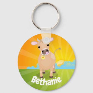 Cute happy jersey cow and flower sunrise cartoon schlüsselanhänger
