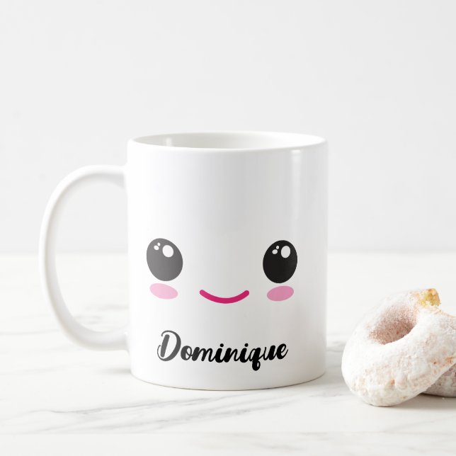 Cute Happy Kawaii Face - Nom Personnalisable Mug (Avec donut)