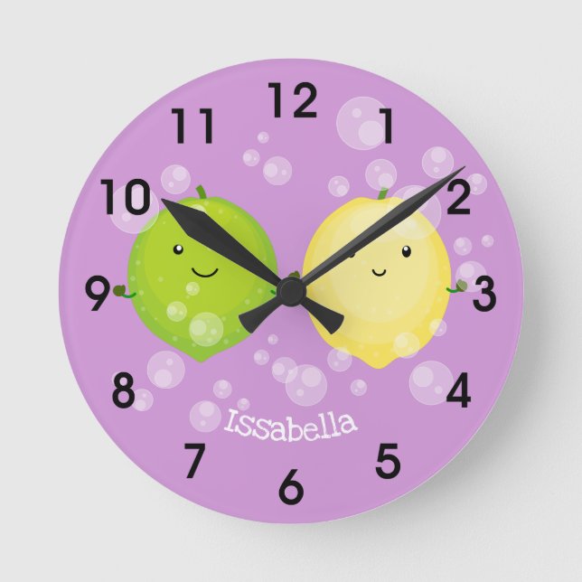 Cute happy lemon lime cartoon illustration runde wanduhr (Vorderseite)