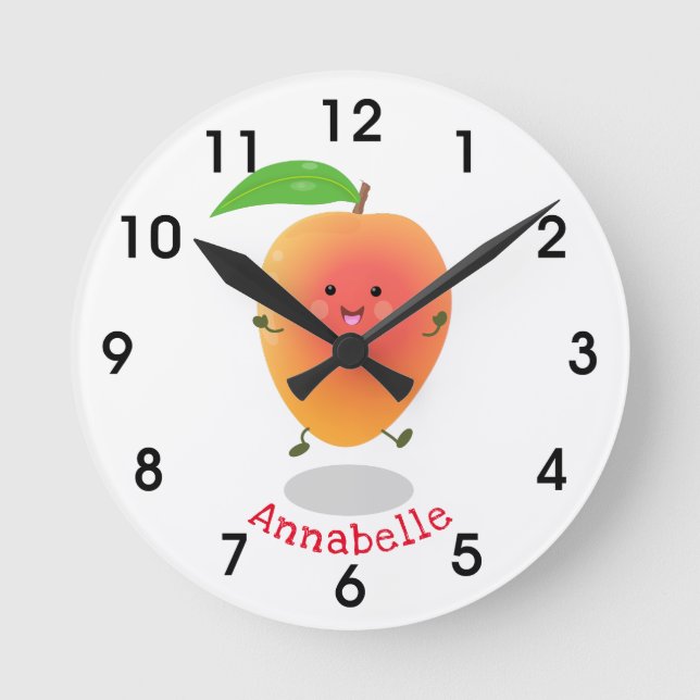Cute happy mango yellow cartoon illustration runde wanduhr (Vorderseite)