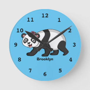Cute happy panda bear with flower cartoon runde wanduhr