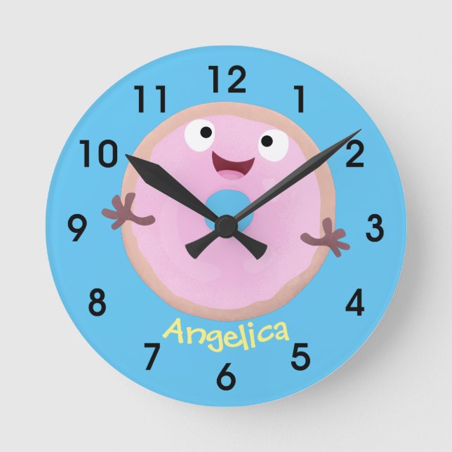 Cute happy pink glazed donut cartoon runde wanduhr (Vorderseite)
