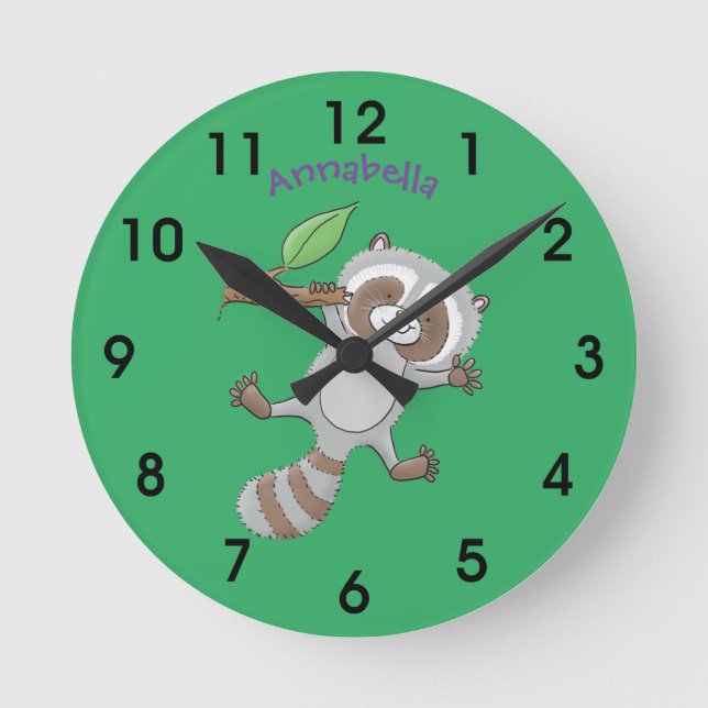 Cute happy raccoon baby cartoon illustration runde wanduhr (Vorderseite)