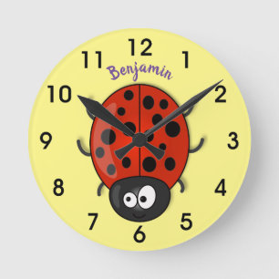 Cute happy red ladybug cartoon illustration runde wanduhr