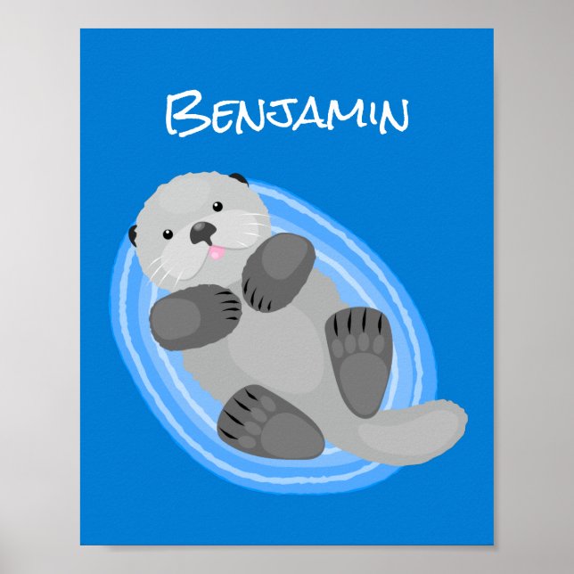 Cute happy sea otter blue cartoon illustration poster (Vorne)