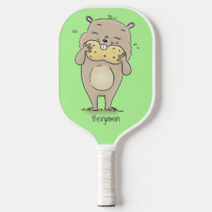 Cute happy smiling hamster with peanut cartoon pickleball schläger