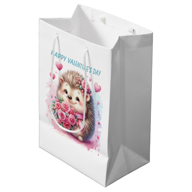 Cute Happy Valentine's Day hedgehog Mittlere Geschenktüte (Vorderseite Schrägansicht)