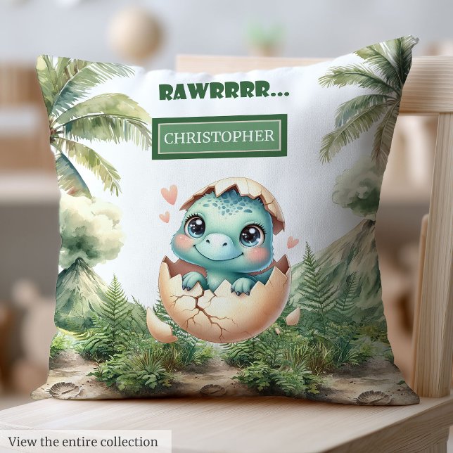 Cute Hatching Bientôt Baby Dinosaur Coussin d'aqua (Cute Hatching Soon Baby Dinosaur Watercolor Pillow)