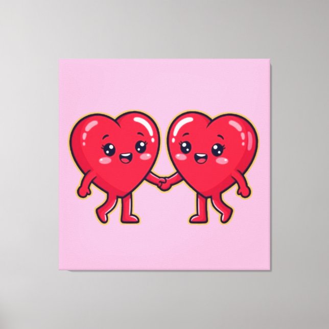 Cute Heart Characters Holding Hands Leinwanddruck (Vorderseite)