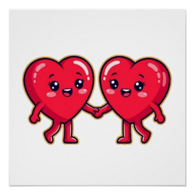 Cute Heart Characters Holding Hands Poster (Vorderseite)