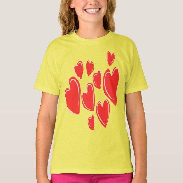 Cute Hearts Hand Drawn Deep Red Romantic Doodle T-Shirt (Vorderseite)