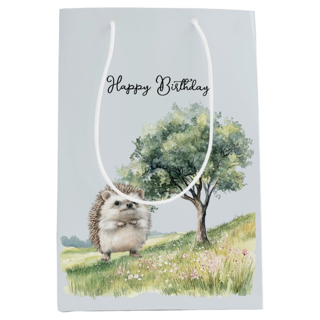 Cute Hedgehog Meadow with Tree Birthday Mittlere Geschenktüte (Vorderseite)