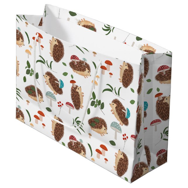 Cute Hedgehog Mushrooms Woodland Forest Animal Große Geschenktüte (Vorderseite Schrägansicht)
