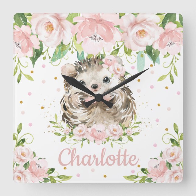 Cute Hedgehog Pink Floral Girl Bedroom Decoration Quadratische Wanduhr (Vorderseite)