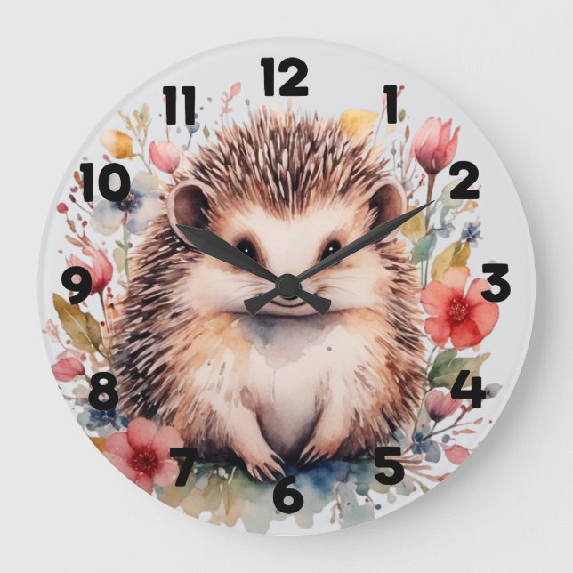 Cute hedgehog with Spring flowers Große Wanduhr (Vorderseite)