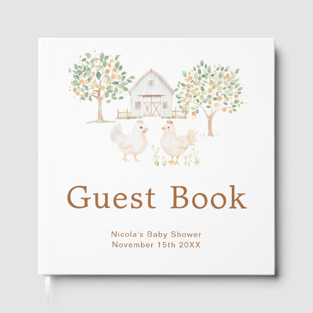 Cute Hens Farm Barn Baby Shower Guest Book Gästebuch (Vorderseite)
