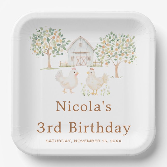 Cute Hens Farm Barn Birthday Party Pappteller (Vorderseite)
