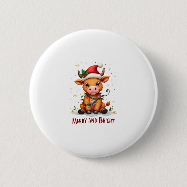 Cute Highland Baby Cow Christmas Lights Merry & Br Button (Vorderseite)