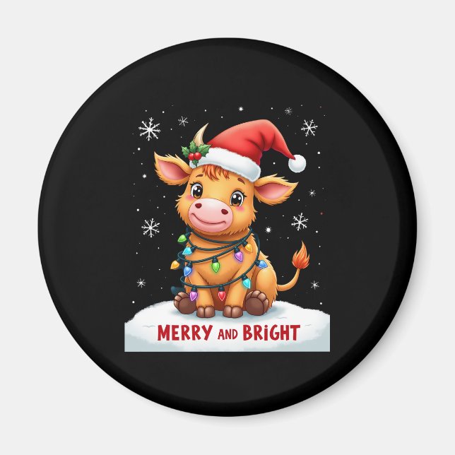 Cute Highland Baby Cow Christmas Lights Merry & Br Magnet (Vorne)