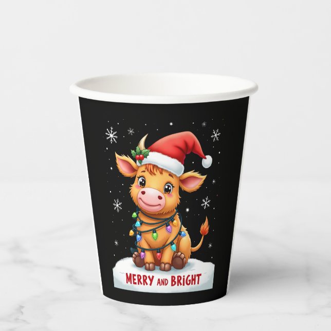 Cute Highland Baby Cow Christmas Lights Merry & Br Pappbecher (Vorderseite)