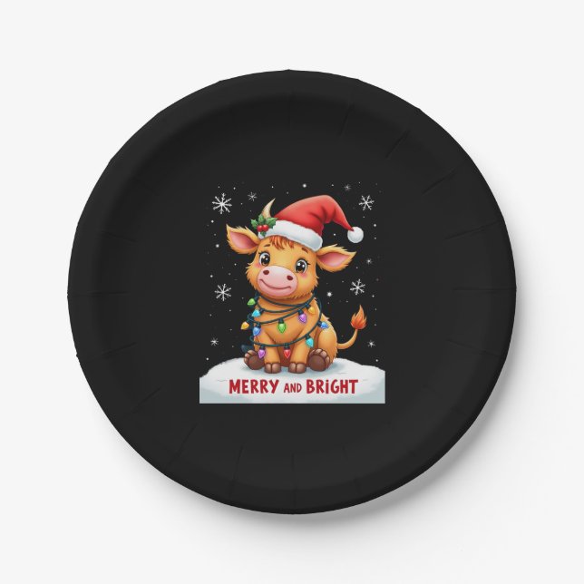 Cute Highland Baby Cow Christmas Lights Merry & Br Pappteller (Vorderseite)