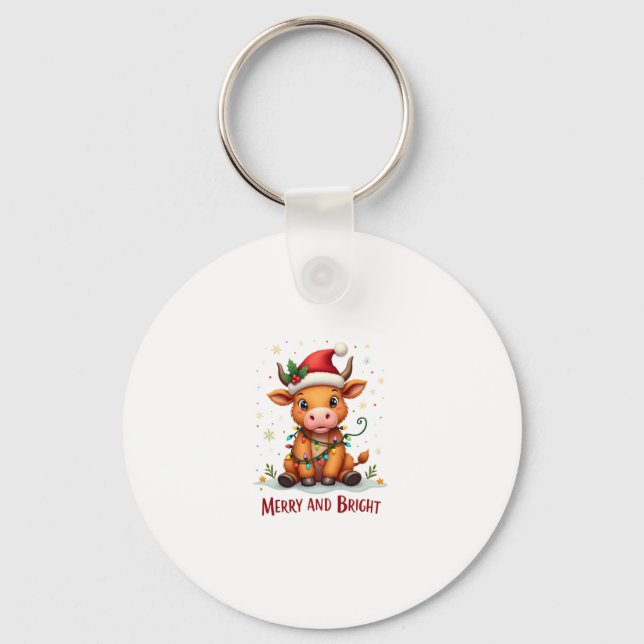 Cute Highland Baby Cow Christmas Lights Merry & Br Schlüsselanhänger (Vorderseite)
